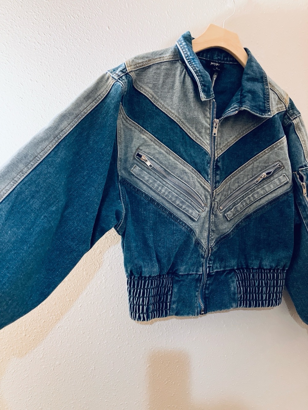 Nasty Gal Chevron Patchwork Denim Bomber Jean Jacket Medium - Picture 3 of 10